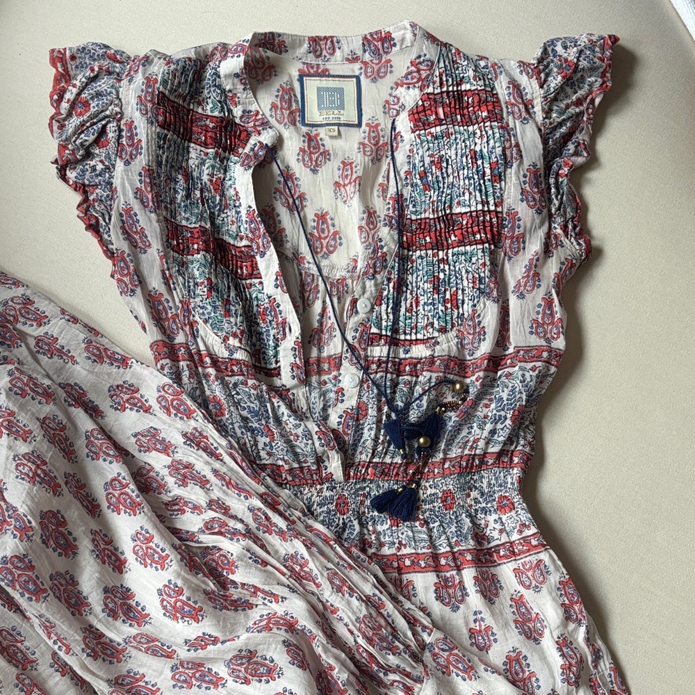 Tularosa Cream Maxi Dress with Red & Navy Blue Print